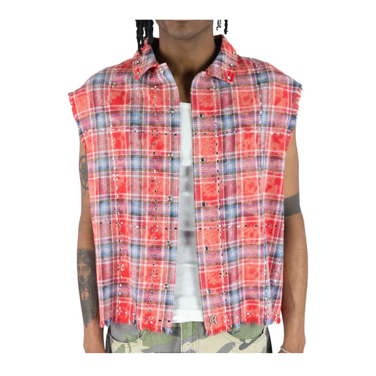 Rebel Minds Mens Plaid Woven Sleeveless Button Front Shirt 610-32745 Red