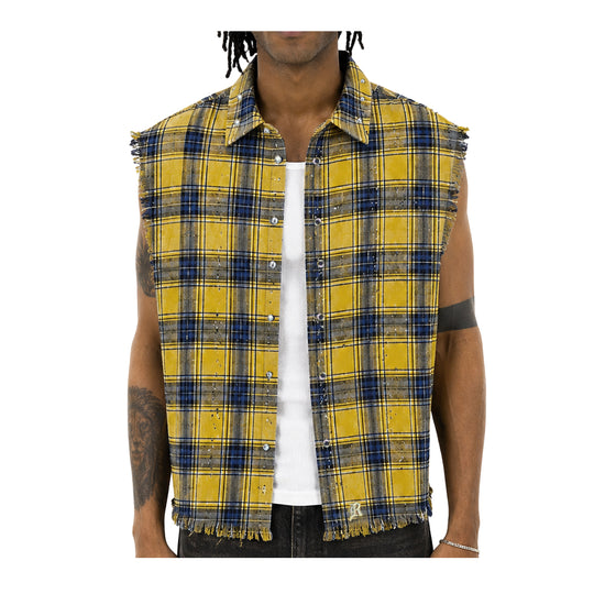 Rebel Minds Mens Plaid Woven Sleeveless Button Front Shirt 610-32745 Yellow