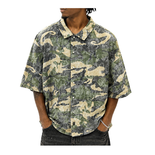Rebel Minds Mens Camo Woven Button Front Shirt 610-32761 Woodland