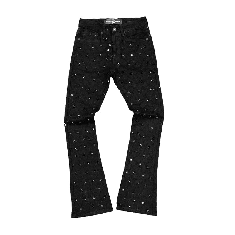 Rebel Minds Mens Diamond Denim Flare Stacked Jeans 642-630 Jet Black