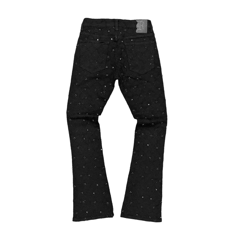 Rebel Minds Mens Diamond Denim Flare Stacked Jeans 642-630 Jet Black