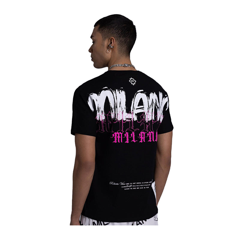 Roberto Vino Milano Mens Milano Back Crew Neck T-Shirt RVTUS28 Black/Pink