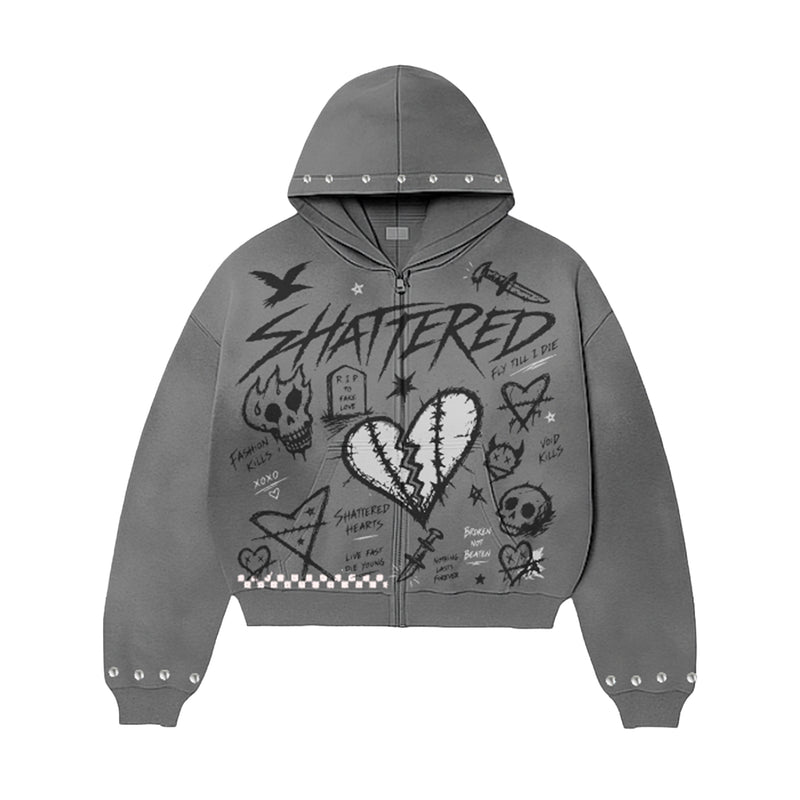 Shattered Hearts Mens Doodle Zip Up Hoodie Grey