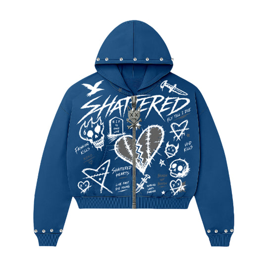 Shattered Hearts Mens Doodle Zip Up Hoodie Navy