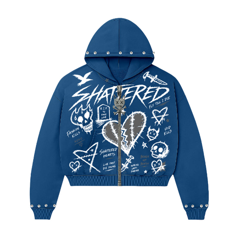 Shattered Hearts Mens Doodle Zip Up Hoodie Navy