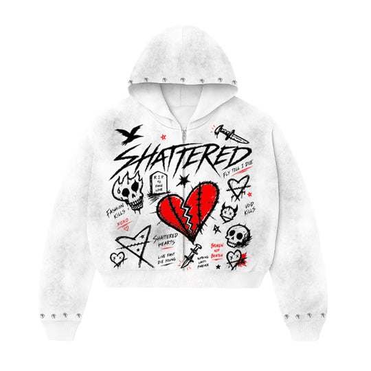Shattered Hearts Mens Doodle Zip Up Hoodie White