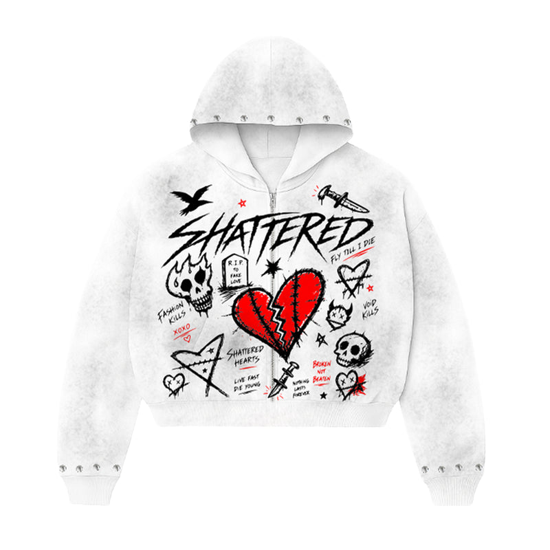 Shattered Hearts Mens Doodle Zip Up Hoodie White