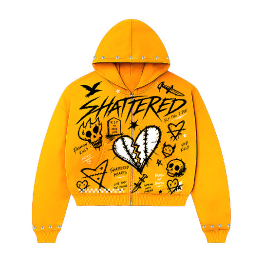 Shattered Hearts Mens Doodle Zip Up Hoodie Yellow
