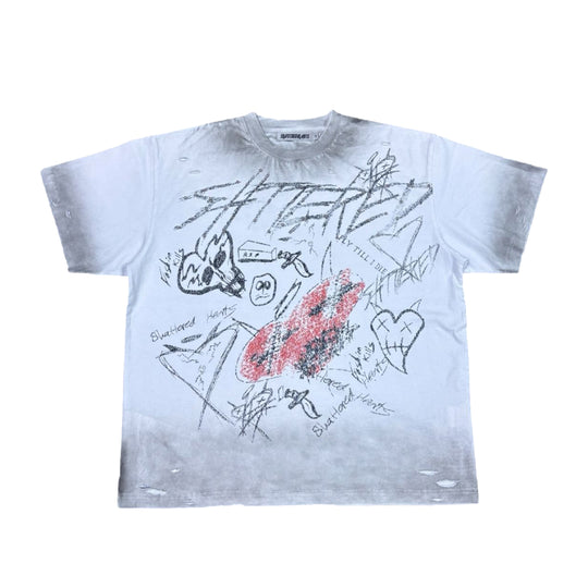 Shattered Hearts Mens Studed Doodle Crew Neck T-Shirt White