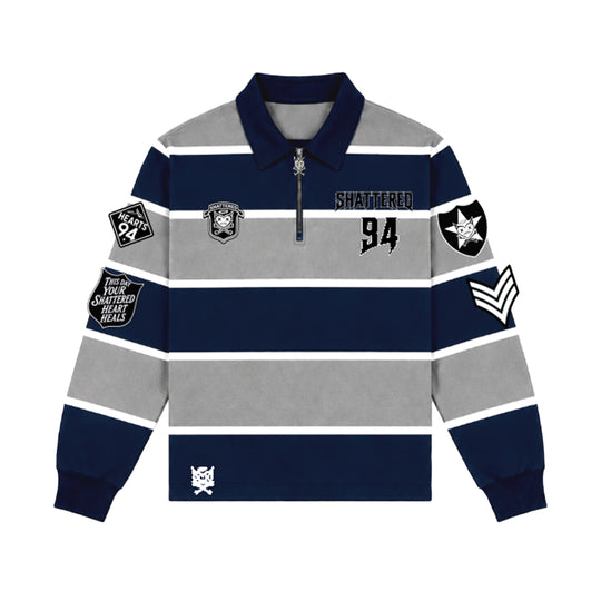Shattered Hearts Mens Patch Knitted Rugby Long Sleeve Shirt Blue/Grey