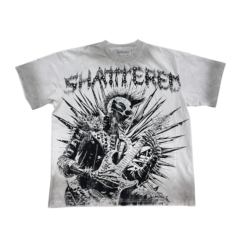 Shattered Hearts Mens Studed Rockstar Crew Neck T-Shirt White/Grey