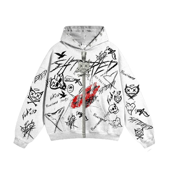 Shattered Hearts Mens Studed Doodle Zip Up Hoodie SHDDLSH25-WHT White