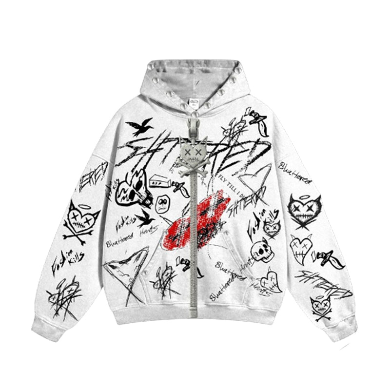 Shattered Hearts Mens Studed Doodle Zip Up Hoodie SHDDLSH25-WHT White
