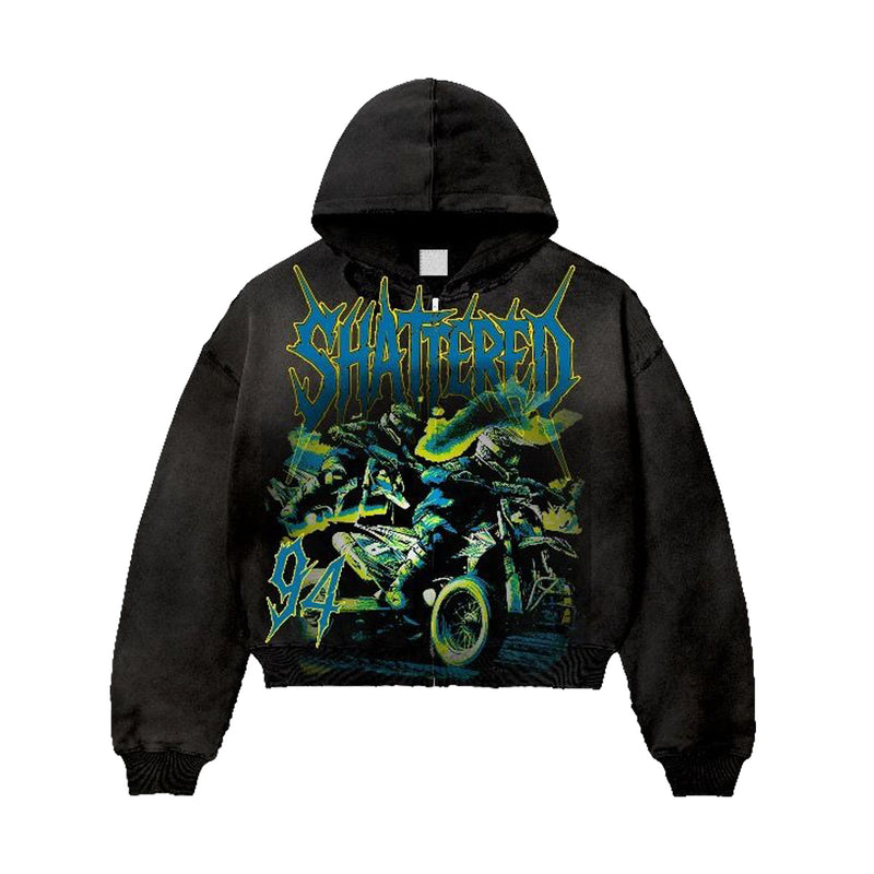 Shattered Hearts Mens Sports Club 94 Zip Up Hoodie Black/ElectricBlue/Lime Green