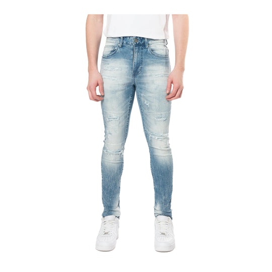Smoke Rise Mens Distressed Rip & Repair Skinny Fit Jeans JP23103-V10 Lowell Blue