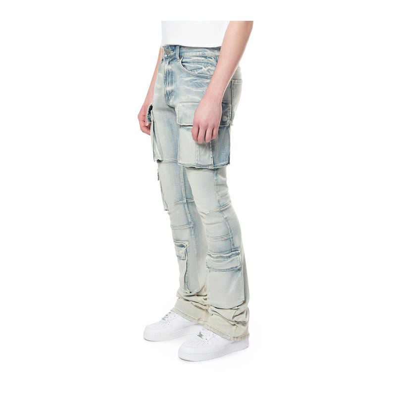 Smoke Rise Mens Utility Multi Cargo Stacked Jeans JP24143 Ombre Blue