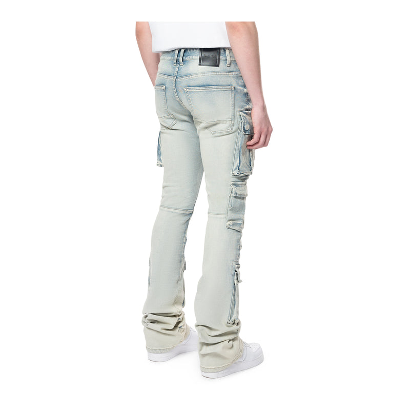 Smoke Rise Mens Utility Multi Cargo Stacked Jeans JP24143 Ombre Blue