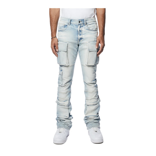 Smoke Rise Mens Utility Multi Cargo Stacked Jeans JP24143 Santorini Blue