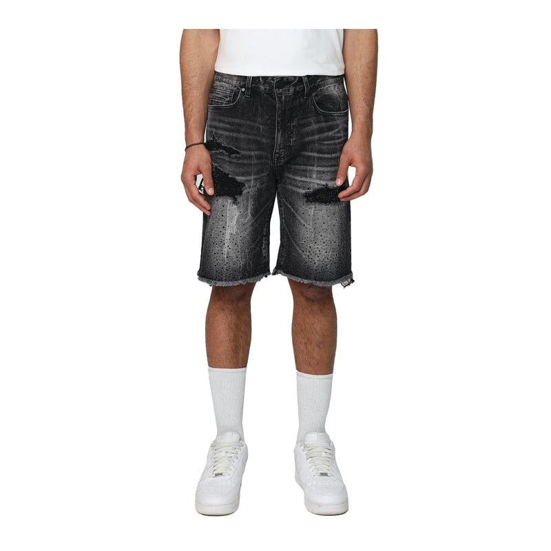 Smoke Rise Mens All Rhinestone Denim Shorts JS25339-ZK7 Hematite Black