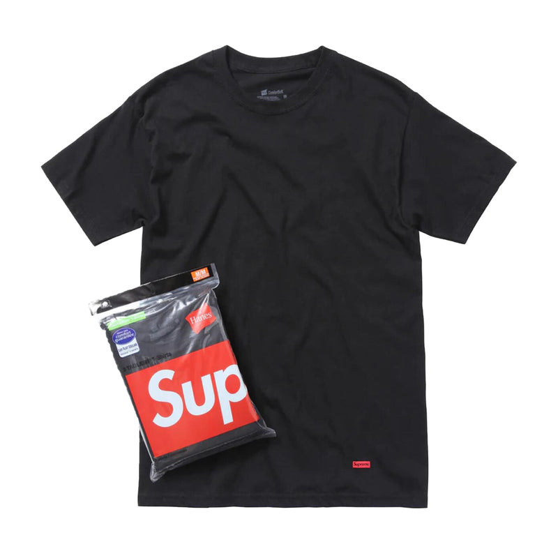 Supreme Mens Hanes Tagless Tees (3 Pack) Crew Neck T-Shirt 99HAA23 Black