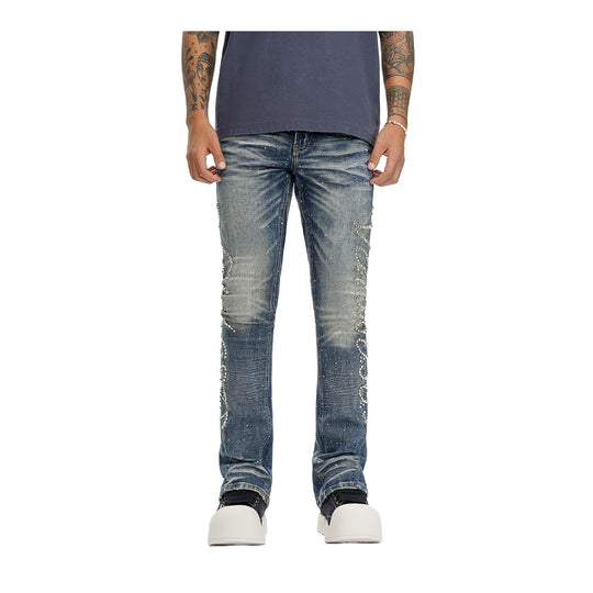 Valabasas Mens Lattice Stacked Jeans VLBS-VJ3-1030-DAKBL Dark Blue