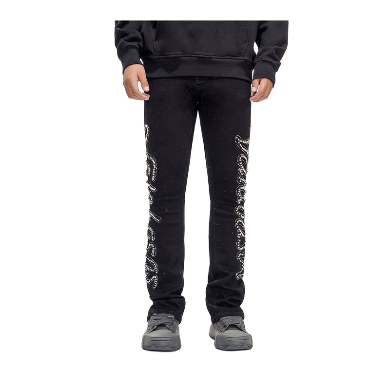 Valabasas Mens Lattice Stacked Jeans VLBS-VJ3-1030-JTBLK Jet Black