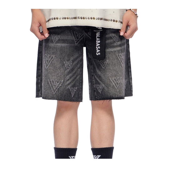 Valabasas Mens Mr. Engraved Denim Shorts VLBS-VSH1-26003 Grey Wash