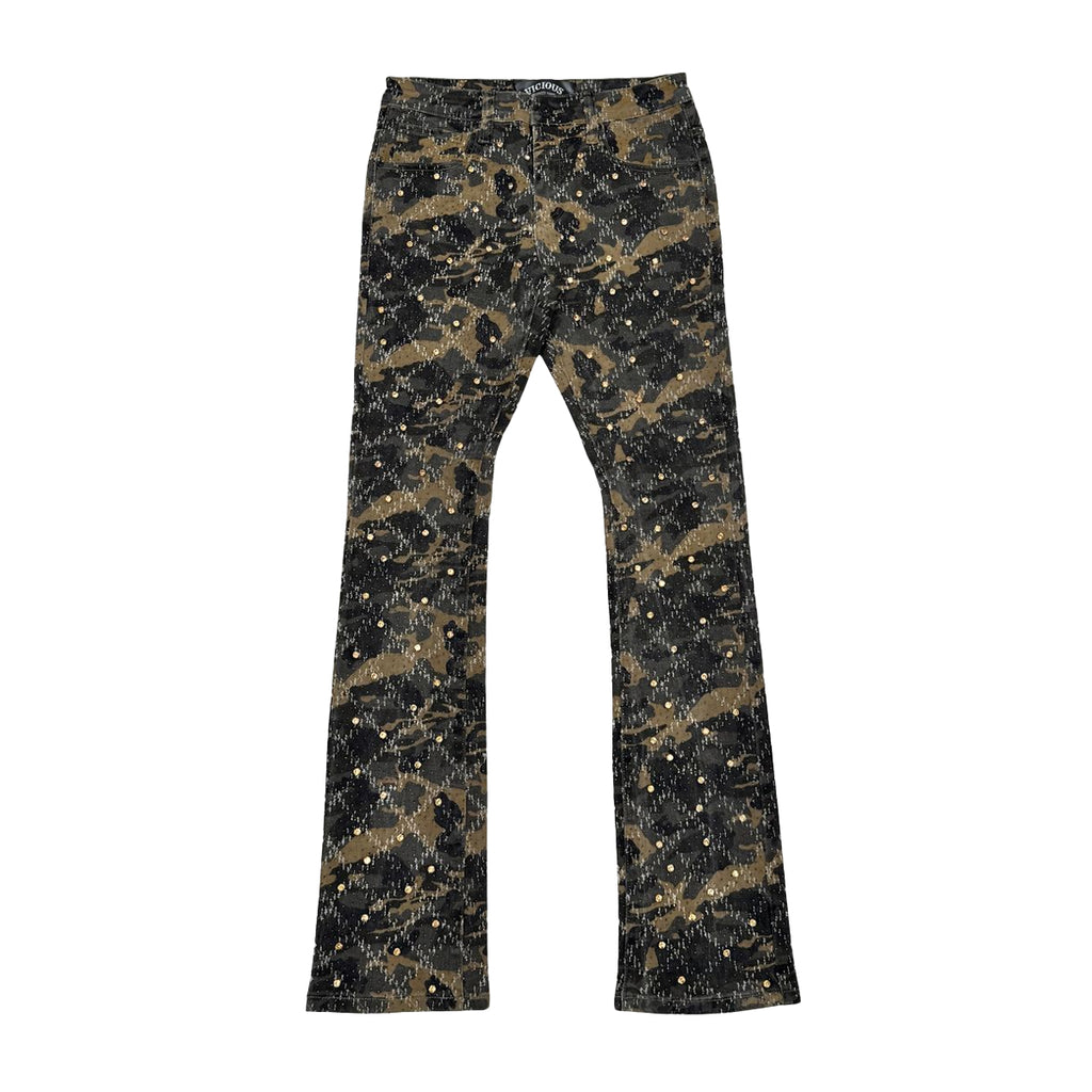 Vicious Mens Embellish Rhinestone Staight Flare Jeans VC510 Camo Brown