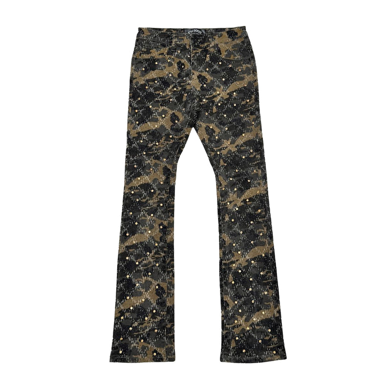 Vicious Mens Embellish Rhinestone Staight Flare Jeans VC510 Camo Brown