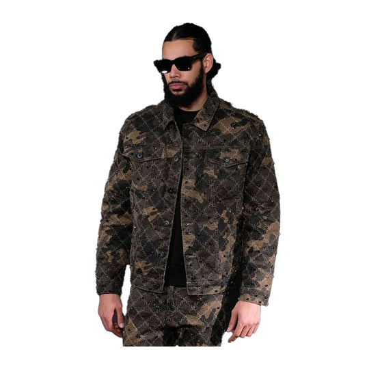 Vicious Mens Embellish Rhinestone Jacket VC510B Camo Brown