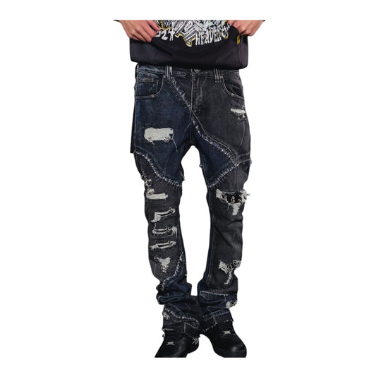 Vicious Mens Two Tone Rip & Repair Flare Denim Jeans VC633 Black