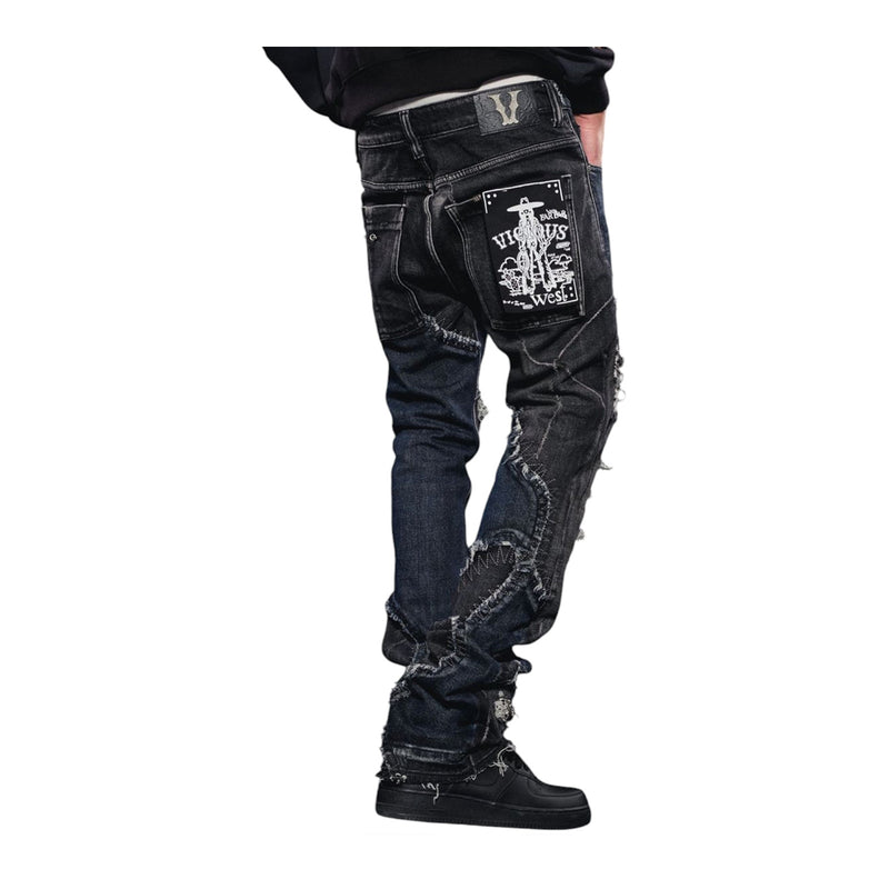 Vicious Mens Two Tone Rip & Repair Flare Denim Jeans VC633 Black