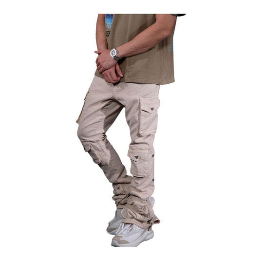 Vicious Mens Flare Fit With Metal Rivet Cargo Jeans VC678 Light Beige