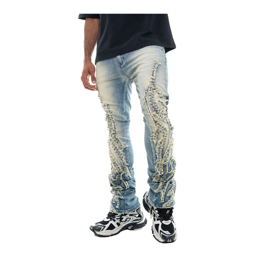 Vicious Mens Studded Ripped Staight Flare Jeans VC727 Blue