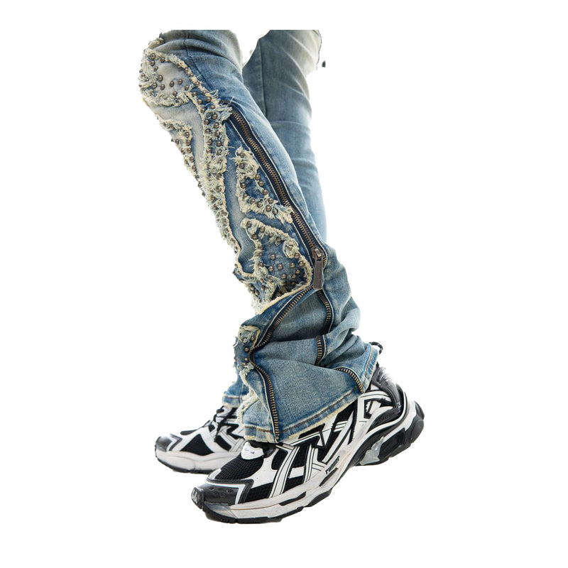 Vicious Mens Studded Ripped Staight Flare Jeans VC727 Blue