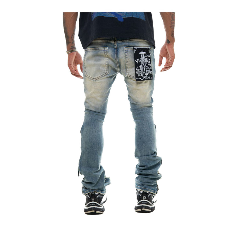 Vicious Mens Studded Ripped Staight Flare Jeans VC727 Blue