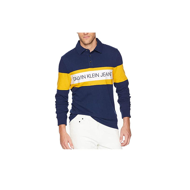 Calvin Klein Jeans Men's Long Sleeve Logo Rugby Shirt, Royal Navy Large