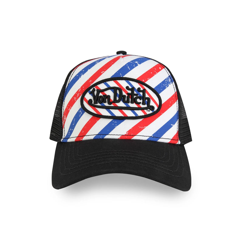Von Dutch Mens BarberShop Stripe Trucker Hats VDHT2181 Black/White/Red/Blue
